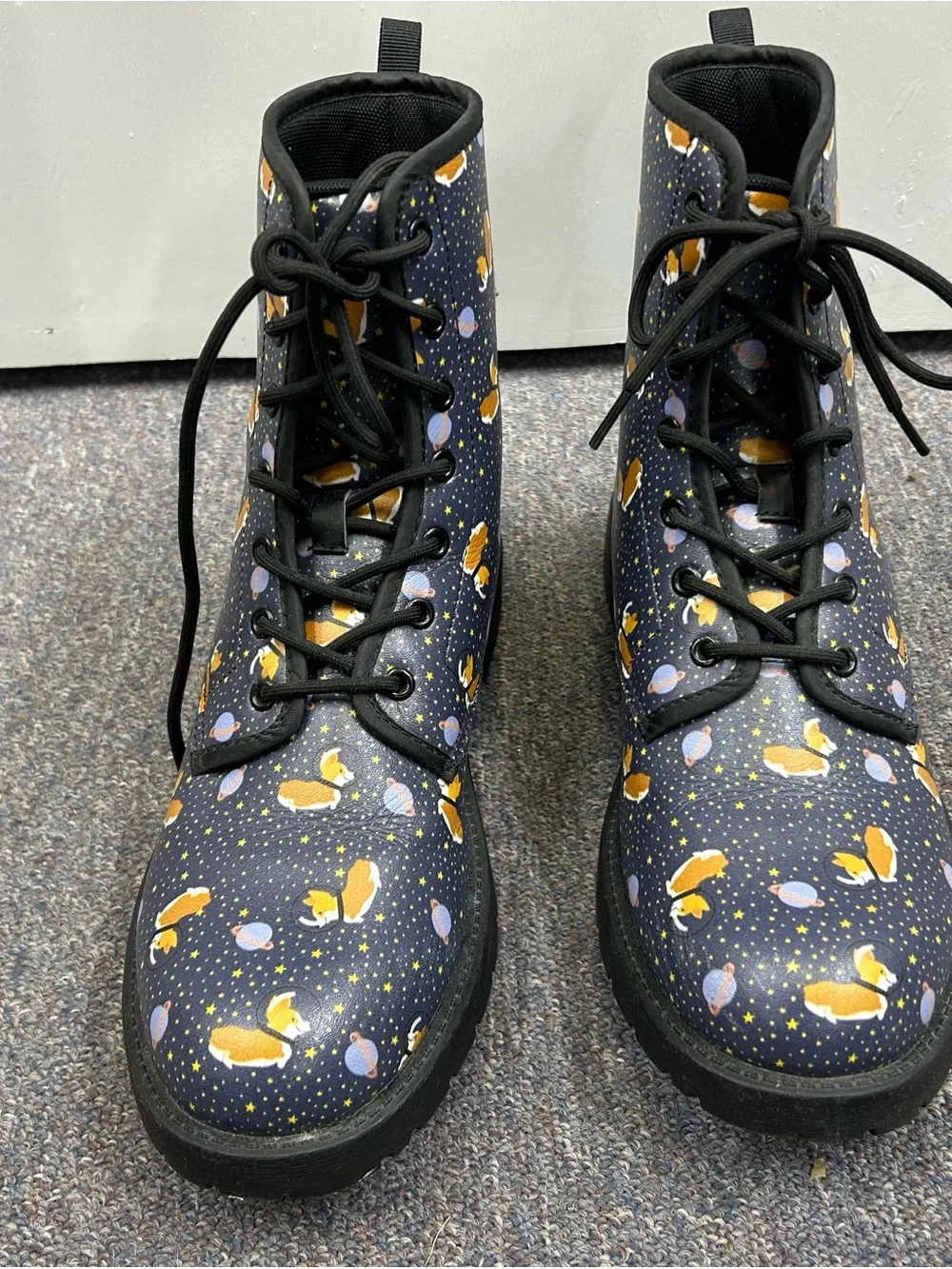 Navy Corgi dogs in space print Lace-Up Boots. Water resistant.